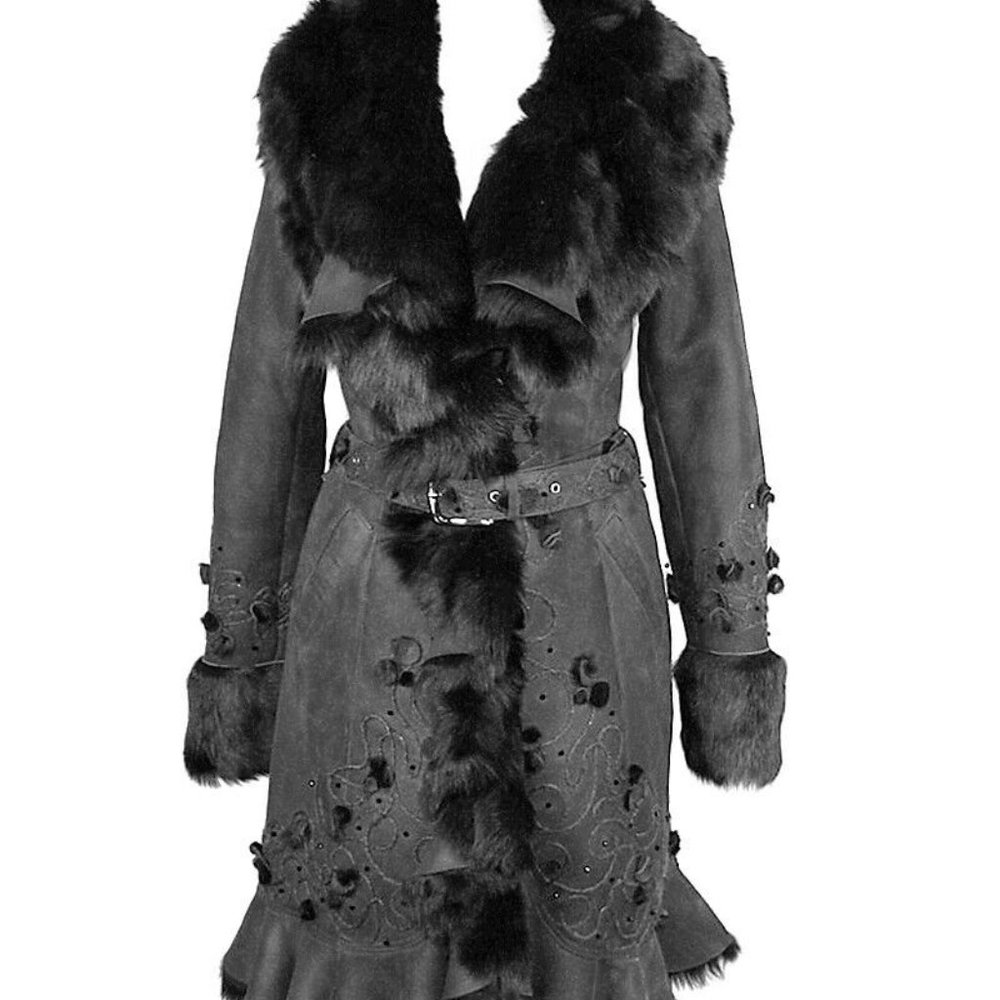 100% LEATHER LUXURY LAMBSKIN SHEARLING COAT SIZE 42 BRAND NEW #128 Unique Design